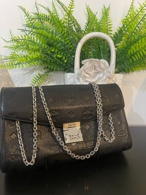 MCM Black Monogram Leather Shoulder Bag with Silver Chain Strap